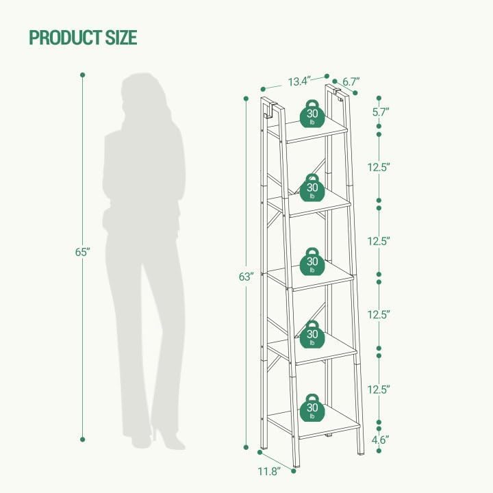 Ladder Shelf, Bookshelf Bookcase, Freestanding Corner Storage Shelve with 2 Hooks for Home Office, Living Room, Kitchen, Bedroom, Industrial, 11.8" D x 13.4" W x 63" H, Rustic Brown BC03201B