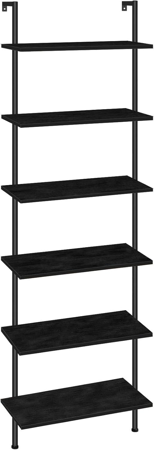 HOOBRO DIY Ladder Shelf, 6-Tier Wall Mounted Bookshelf, Office Vertical Bookcase, Wooden Storage Shelves for Home Office, Bedroom, Rustic Brown and Black BF65CJ01