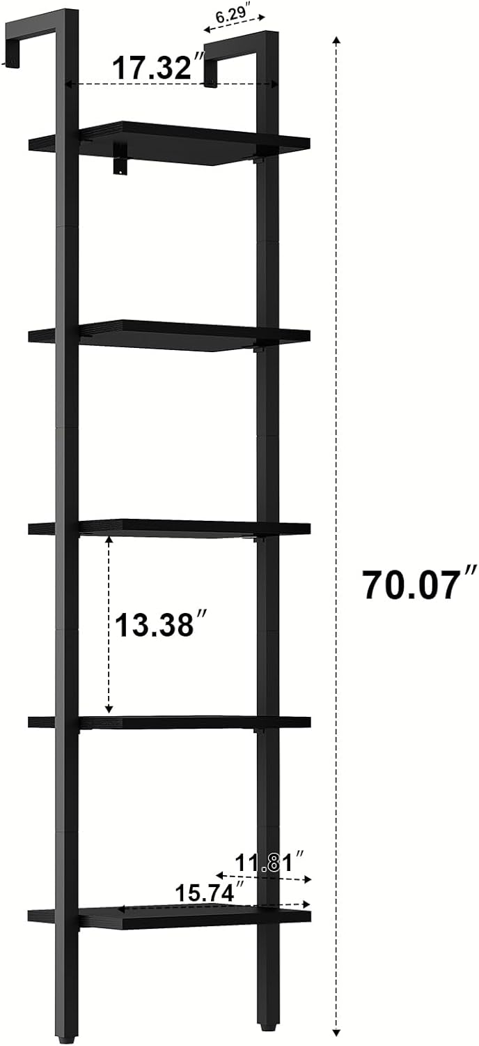 YMYNY 5 Tiers Narrow Ladder Bookcase, Industrial Wall Mounted Bookshelf, Open Display Rack with Metal Frame, Wooden Storage Shelves for Bedroom, Home Office, Living Room, Black, 70*17.3*11.8"UHBC015B