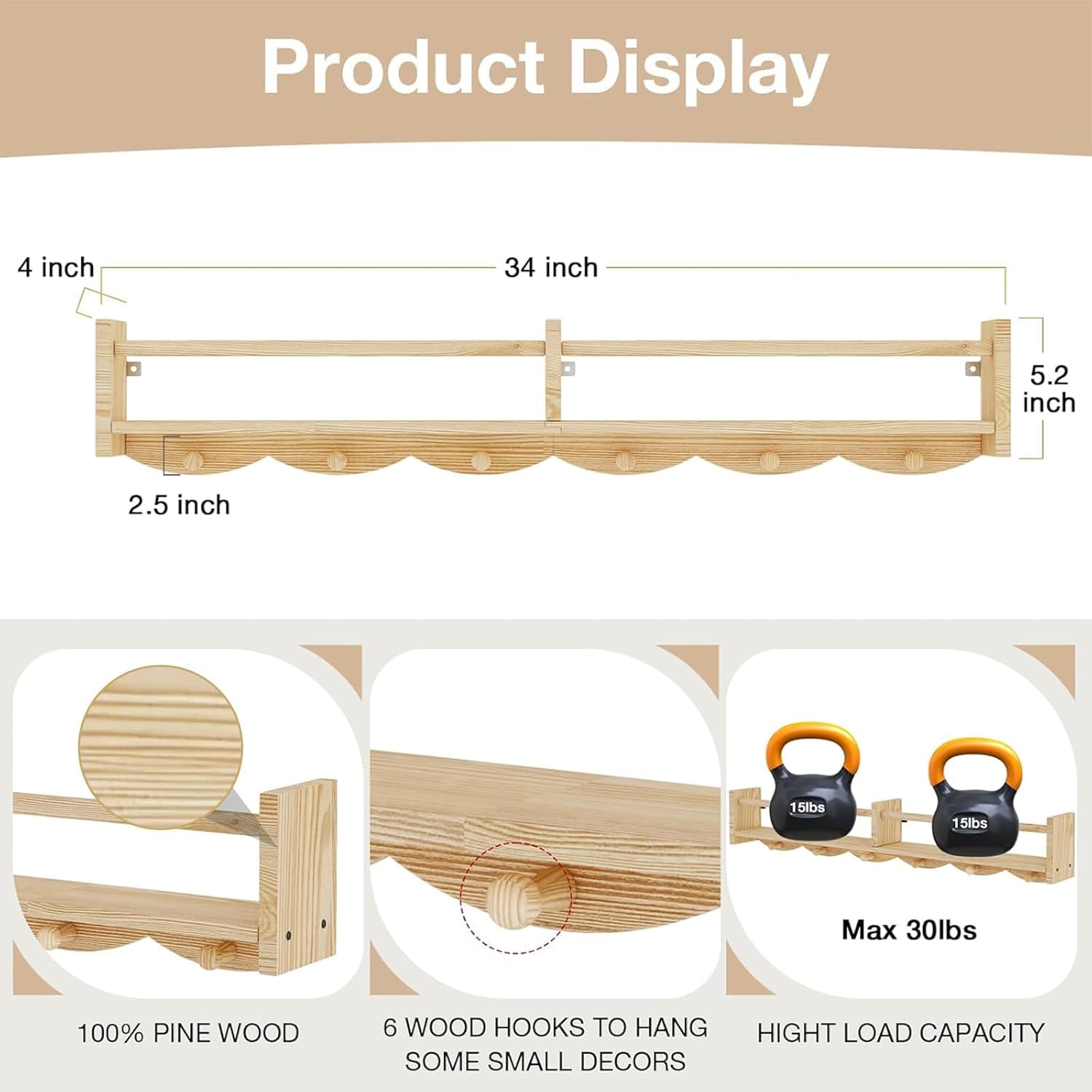 34Inch Nursery Bookshelves,Set of 4,Wall Floating Shelf Kids Coat Rack with 6Hooks,Hanging Book Shelf for Baby Nursery Room Décor， Patent Number: 29958098(Burlywood, 34)