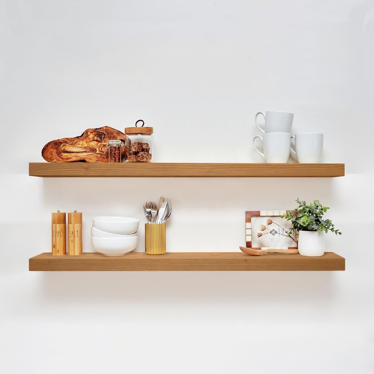 Homeforia 24inch Oak Floating Shelf for Wall, High End Solid Real Wood 24 inches Long Floating Shelves for Bathroom, Honey Oak Wooden Floating Shelves, Heavy Duty Bracket, 24 X 6.5 X 1.75 in, Set of 2