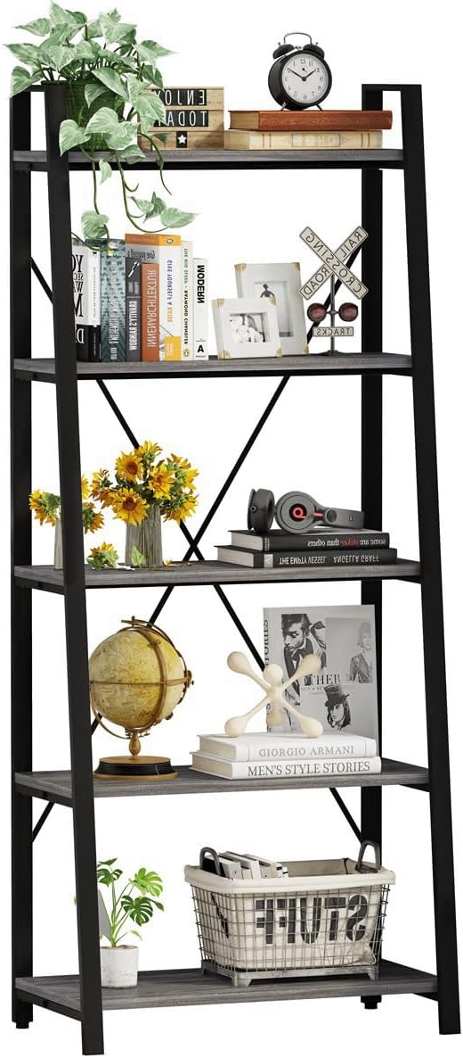 BON AUGURE Ladder Shelf Bookcase, 5-Tier Industrial Ladder Bookshelf, Tall Living Room Shelves, Wood and Metal Leaning Shelf for Home Office, Kitchen, Bedroom, Balcony (Rustic Oak)