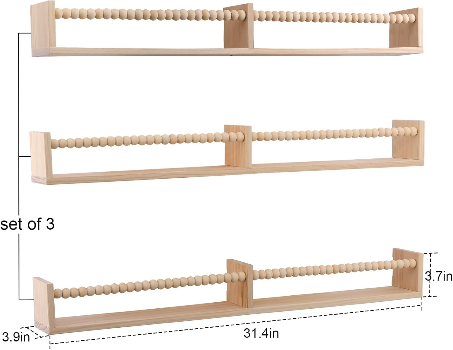 Nursery Book Shelves for Kids Rooms - 32 Inches Floating Wall Bookshelves Set of 3, Space-Saving Nursery Shelves with Beads Design for Kids Room, Bedroom and Study Room(Natural)