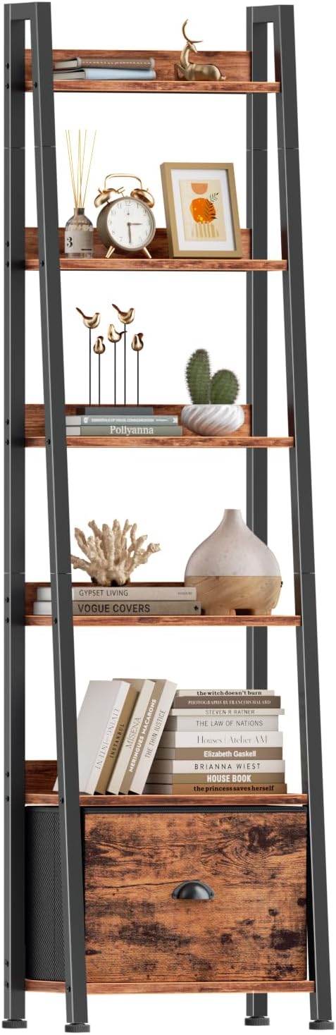 Furologee 5-Tier Ladder Shelf, Ladder Bookshelf with Removable Drawer, Rustic Bookcase Storage Rack Organizer, Wood Metal Freestanding Storage Shelf for Living Room, Home Office, Bedroom, Balcony