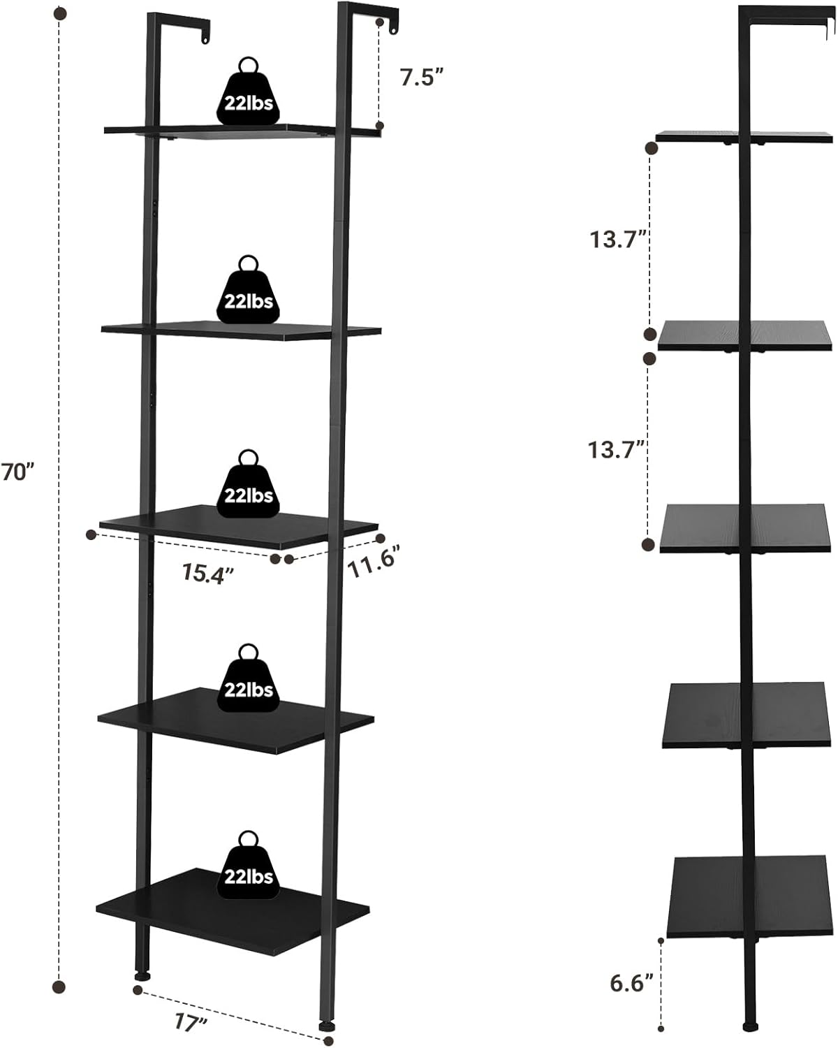ELYKEN Ladder Shelf, 5-Tier Wood Wall Mounted Bookshelf with Metal Frame, Vintage Open Display Organizer Rack, Leaning Storage Shelves for Living Room, Bedroom, Home Office, Black