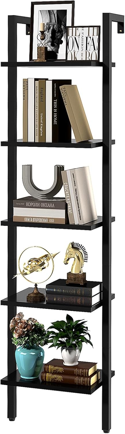 YMYNY 5 Tiers Narrow Ladder Bookcase, Industrial Wall Mounted Bookshelf, Open Display Rack with Metal Frame, Wooden Storage Shelves for Bedroom, Home Office, Living Room, Black, 70*17.3*11.8"UHBC015B