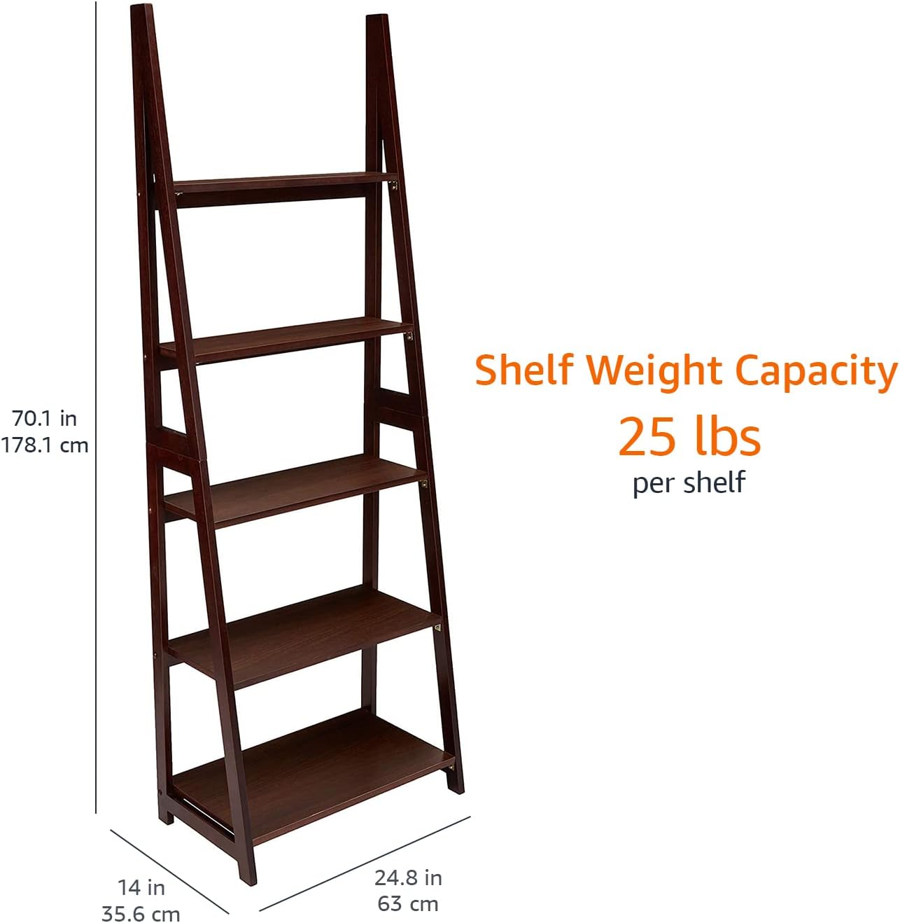 Amazon Basics Ladder Bookshelf Organizer, Solid Rubberwood Frame, Espresso Finish, 5 Shelves, 14" D x 24.8" W x 70.1" H