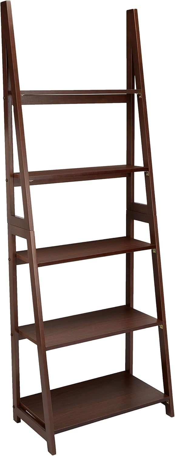 Amazon Basics Ladder Bookshelf Organizer, Solid Rubberwood Frame, Espresso Finish, 5 Shelves, 14" D x 24.8" W x 70.1" H