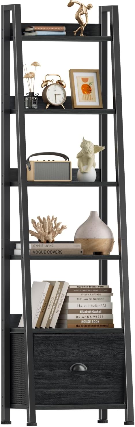 Furologee 5-Tier Ladder Shelf, Ladder Bookshelf with Removable Drawer, Rustic Bookcase Storage Rack Organizer, Wood Metal Freestanding Storage Shelf for Living Room, Home Office, Bedroom, Balcony