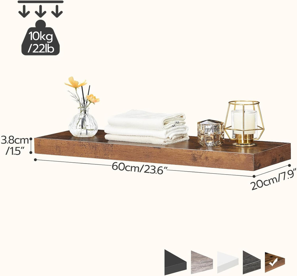 HOOBRO Floating Shelves for Wall, Wall Mounted Shelf Set of 2, 23.6" Hanging Shelf with Invisible Brackets, for Wall in Bathroom, Bedroom, Toilet, Kitchen, Living Room, Office, Rustic Brown BF60BJ01