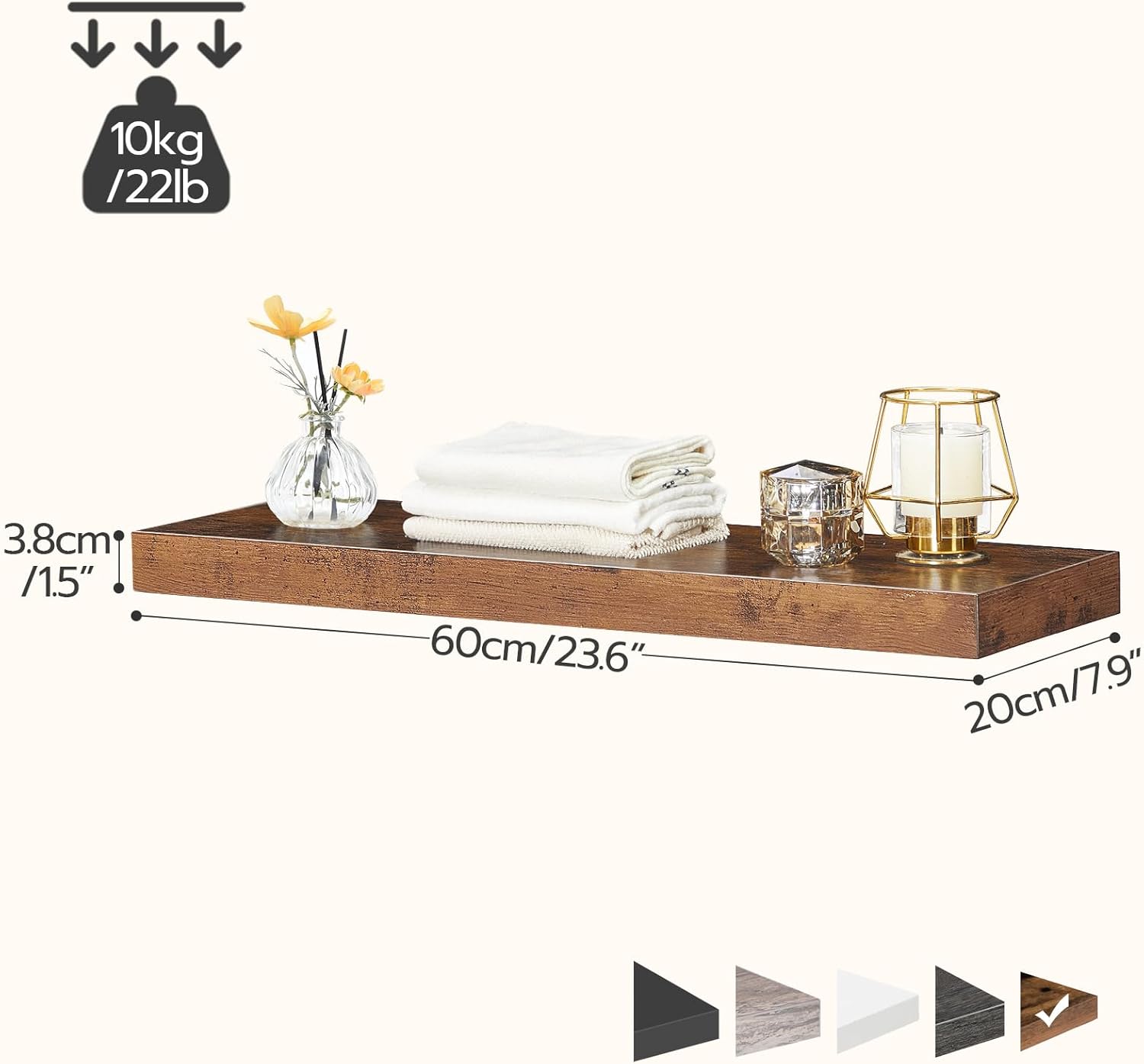 HOOBRO Floating Shelves for Wall, Wall Mounted Shelf Set of 2, 23.6" Hanging Shelf with Invisible Brackets, for Wall in Bathroom, Bedroom, Toilet, Kitchen, Living Room, Office, Rustic Brown BF60BJ01