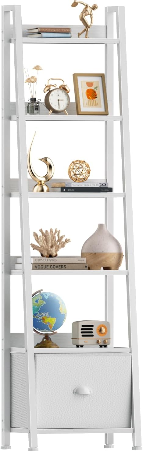 Furologee 5-Tier Ladder Shelf, Ladder Bookshelf with Removable Drawer, Rustic Bookcase Storage Rack Organizer, Wood Metal Freestanding Storage Shelf for Living Room, Home Office, Bedroom, Balcony