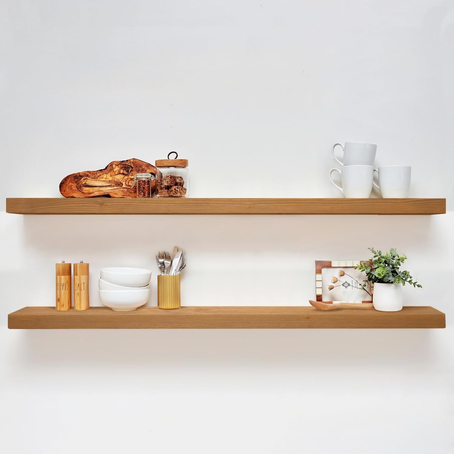 Homeforia 24inch Oak Floating Shelf for Wall, High End Solid Real Wood 24 inches Long Floating Shelves for Bathroom, Honey Oak Wooden Floating Shelves, Heavy Duty Bracket, 24 X 6.5 X 1.75 in, Set of 2