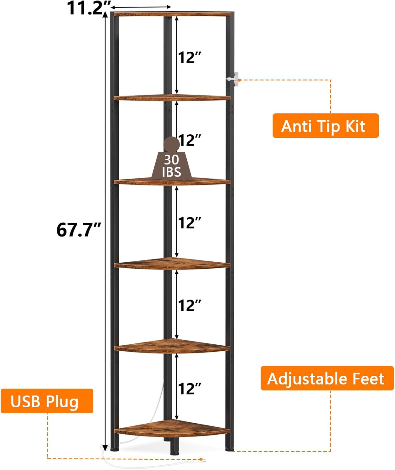Furnulem 6 Tier Corner Shelf with LED Light, 67.5” Tall Standing Shelf Organizer, Narrow Bookshelf with Storage Rack for Wall Corner, Living Room, Bedroom, Metal Frame, Wood Display Shelf