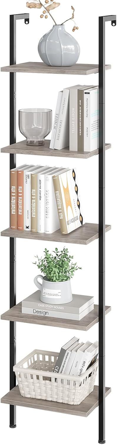 ELYKEN Ladder Shelf, 5-Tier Wood Wall Mounted Bookshelf with Metal Frame, Vintage Open Display Organizer Rack, Leaning Storage Shelves for Living Room, Bedroom, Home Office, Black