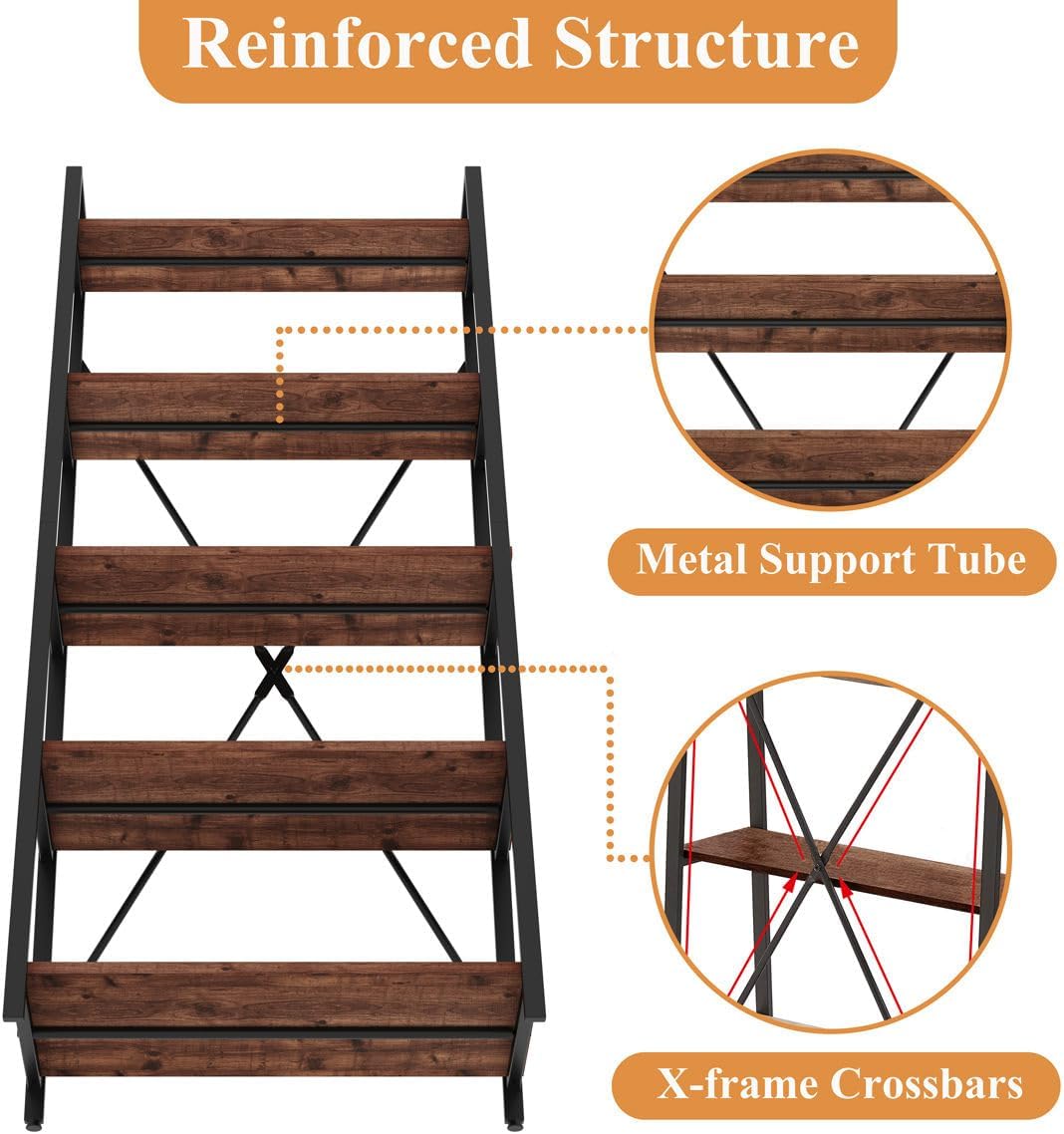 BON AUGURE Ladder Shelf Bookcase, 5-Tier Industrial Ladder Bookshelf, Tall Living Room Shelves, Wood and Metal Leaning Shelf for Home Office, Kitchen, Bedroom, Balcony (Rustic Oak)