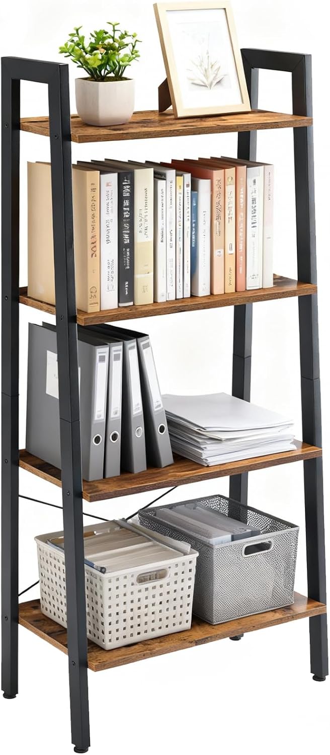 DUMOS Ladder Shelf, 4-Tier Display Bookshelf, Industrial Style Storage Standing Shelf, Decorative Shelves with Stable Frame for Living Room, Bedroom, Office, Kitchen, Bathroom, Brown