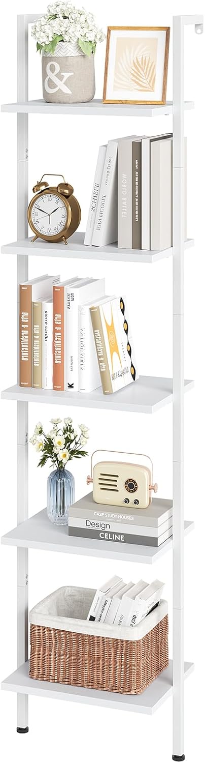 ELYKEN Ladder Shelf, 5-Tier Wood Wall Mounted Bookshelf with Metal Frame, Vintage Open Display Organizer Rack, Leaning Storage Shelves for Living Room, Bedroom, Home Office, Black