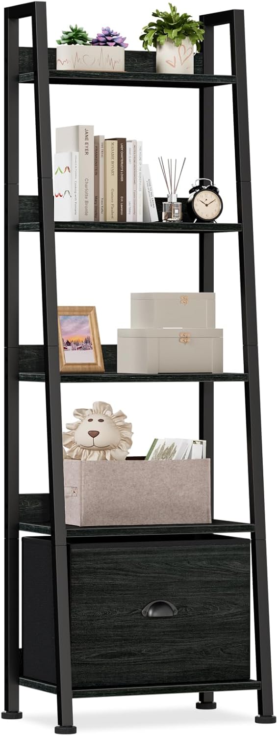 Furologee 5-Tier Ladder Shelf, Ladder Bookshelf with Removable Drawer, Rustic Bookcase Storage Rack Organizer, Wood Metal Freestanding Storage Shelf for Living Room, Home Office, Bedroom, Balcony