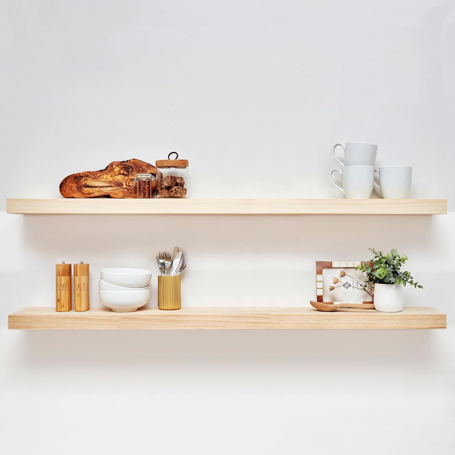 Homeforia 24inch Oak Floating Shelf for Wall, High End Solid Real Wood 24 inches Long Floating Shelves for Bathroom, Honey Oak Wooden Floating Shelves, Heavy Duty Bracket, 24 X 6.5 X 1.75 in, Set of 2