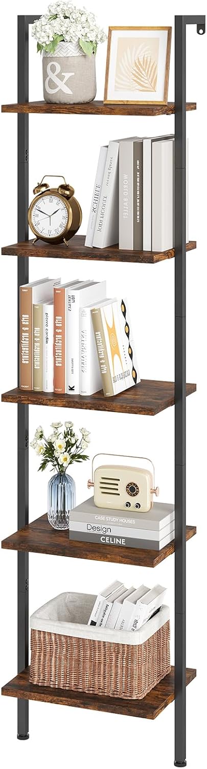ELYKEN Ladder Shelf, 5-Tier Wood Wall Mounted Bookshelf with Metal Frame, Vintage Open Display Organizer Rack, Leaning Storage Shelves for Living Room, Bedroom, Home Office, Black
