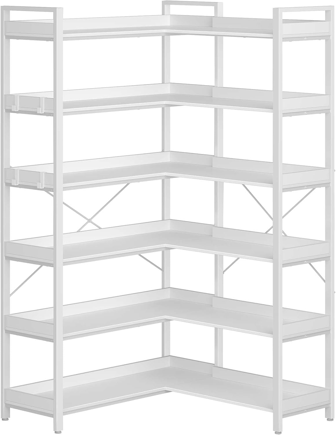 Rolanstar Bookshelf 5 Tier with 4 Hooks, Reversible Corner Bookshelf, 65" Industrial Wooden Bookcase with Open Shelves and Metal Frame for Living Room, Bedroom, Home Office, Rustic Brown