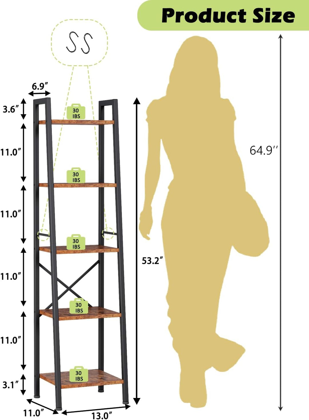 Furologee 5 Tier Ladder Shelf Bookcase, Tall Narrow Bookshelf with 2 Hooks, Rustic Brown Bathroom Corner Book Shelf, Metal Wood Book Case Standing Unit, Display Shelf for Living Room Office Kitchen