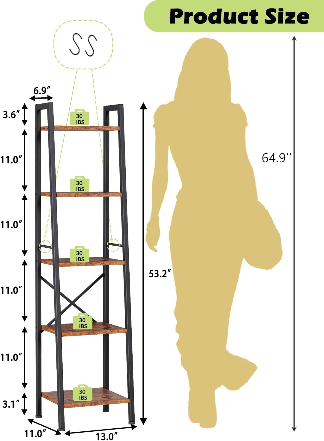 Furologee 5 Tier Ladder Shelf Bookcase, Tall Narrow Bookshelf with 2 Hooks, Rustic Brown Bathroom Corner Book Shelf, Metal Wood Book Case Standing Unit, Display Shelf for Living Room Office Kitchen