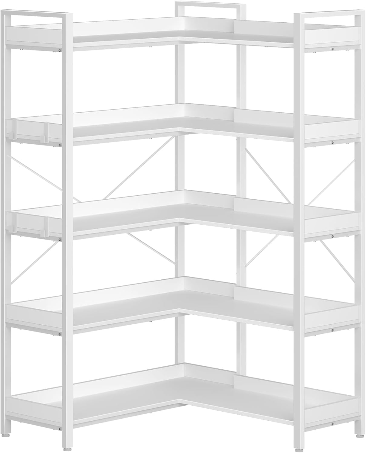 Rolanstar Bookshelf 5 Tier with 4 Hooks, Reversible Corner Bookshelf, 65" Industrial Wooden Bookcase with Open Shelves and Metal Frame for Living Room, Bedroom, Home Office, Rustic Brown