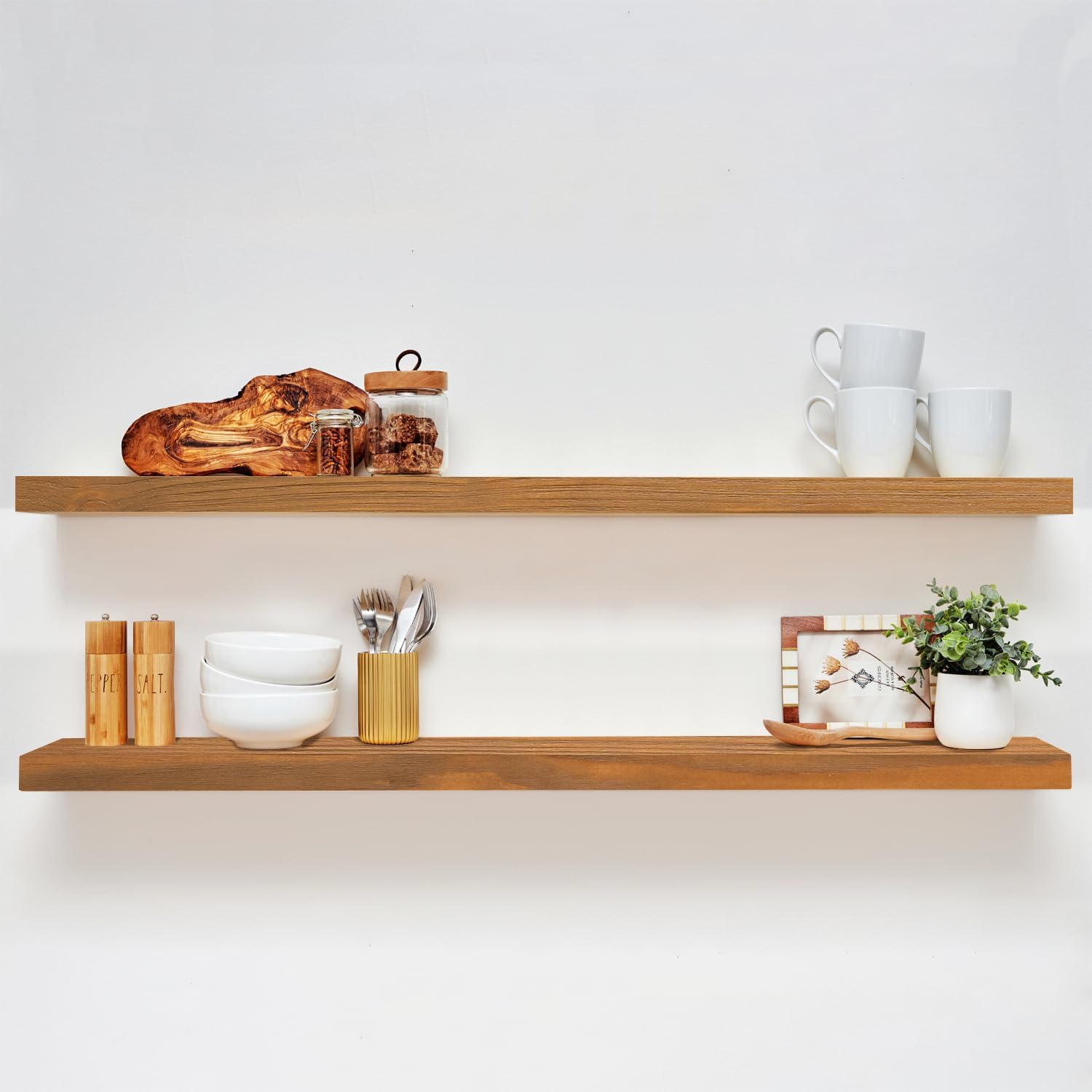 Homeforia 24inch Oak Floating Shelf for Wall, High End Solid Real Wood 24 inches Long Floating Shelves for Bathroom, Honey Oak Wooden Floating Shelves, Heavy Duty Bracket, 24 X 6.5 X 1.75 in, Set of 2