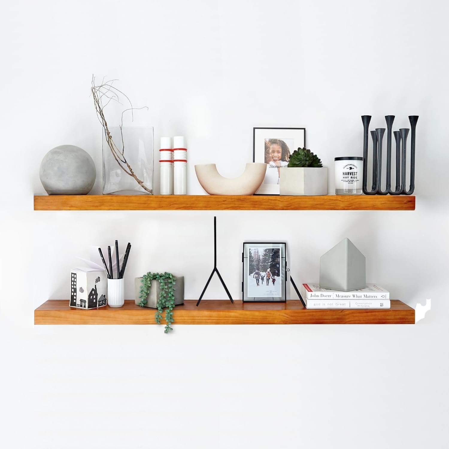 Homeforia 24inch Oak Floating Shelf for Wall, High End Solid Real Wood 24 inches Long Floating Shelves for Bathroom, Honey Oak Wooden Floating Shelves, Heavy Duty Bracket, 24 X 6.5 X 1.75 in, Set of 2