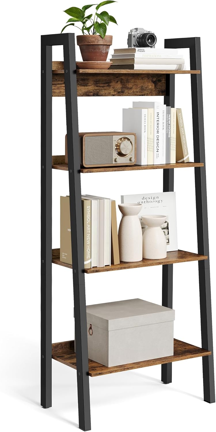 VASAGLE Ladder Shelf, 4-Tier Bookshelf, Storage Rack, Bookcase with Steel Frame, for Living Room, Home Office, Kitchen, Bedroom, Industrial Style, Rustic Brown and Ink Black ULLS44X