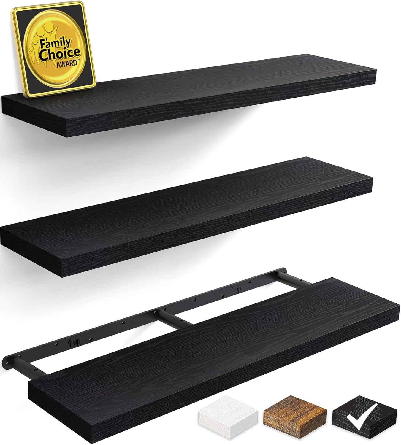 BAYKA Floating Shelves for Wall, 22.5 inches Wall Mounted Rustic Wood Shelves for Bathroom, Bedroom, Living Room, Floating Shelves for Books/Storage/Decor (Black,Set of 3)