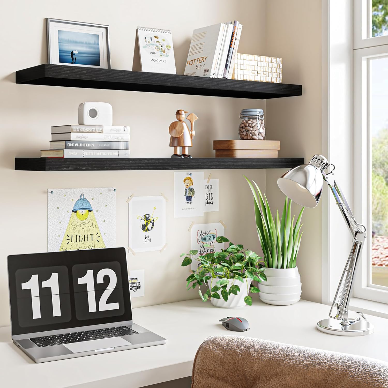 Fixwal Floating Shelves for Wall, 35" Long Heavy Duty Wall Mounted Rustic Wood Shelves for Living Room, Bedroom, Bathroom and Kitchen, for Storage, Books, Room Decor (Black, Set of 2)