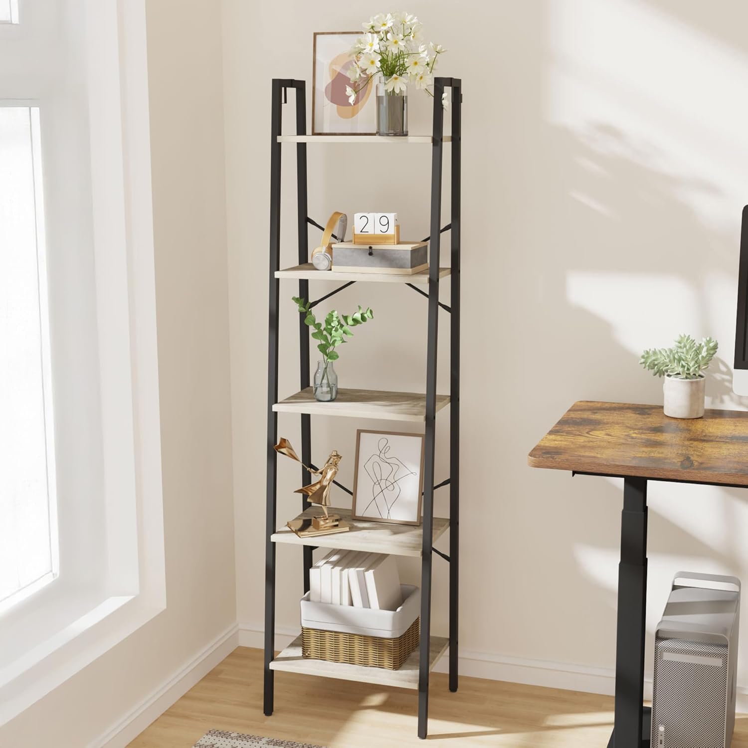 Ladder Shelf, Bookshelf Bookcase, Freestanding Corner Storage Shelve with 2 Hooks for Home Office, Living Room, Kitchen, Bedroom, Industrial, 11.8" D x 13.4" W x 63" H, Rustic Brown BC03201B