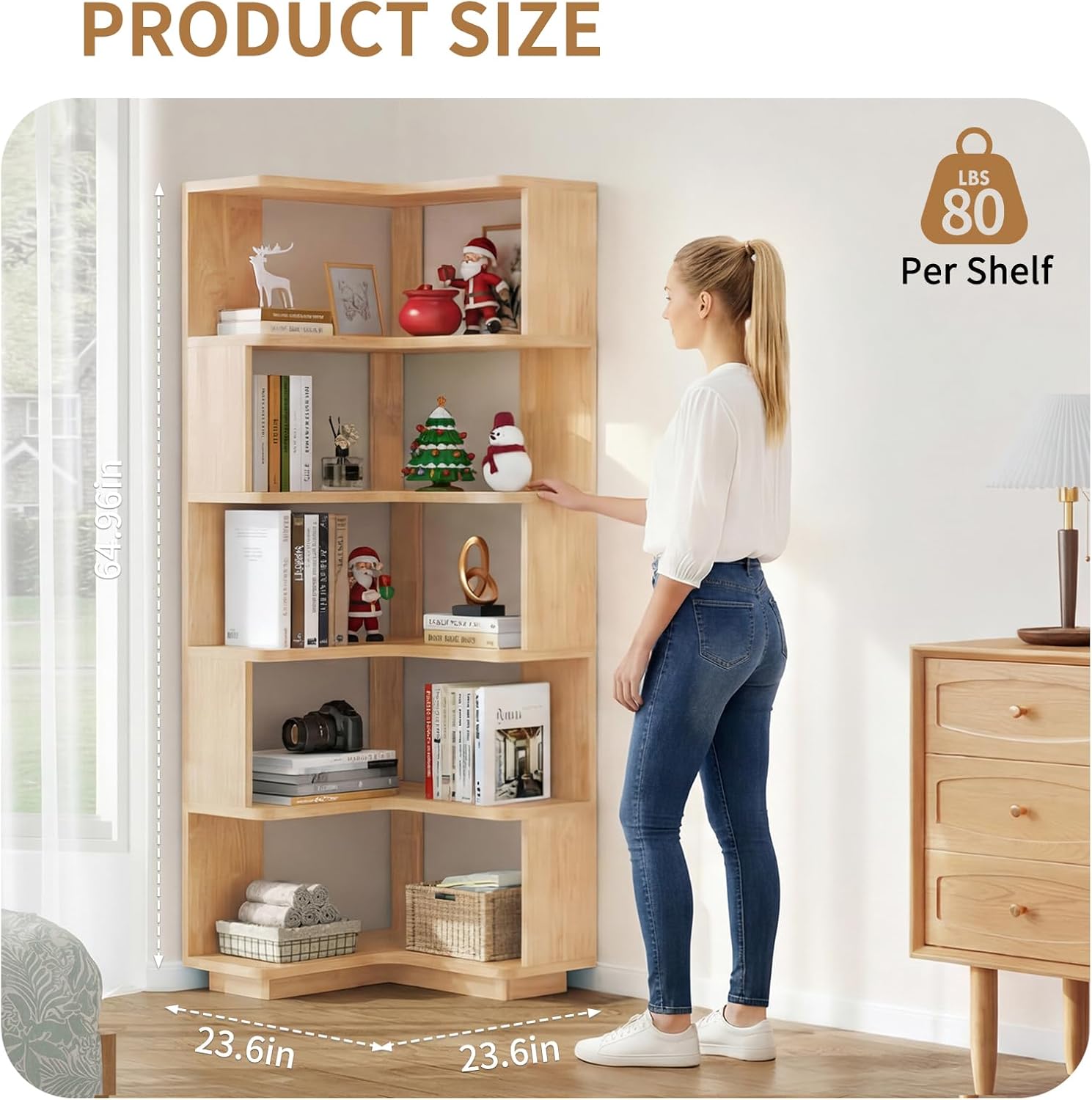 Uniclinens Corner Book Shelf, 5 Tier Corner Bookshelf Etagere Bookcase with Baffle, Freestanding L Shaped Display Shelf Stand for Home Office, Living Room, Bedroom, Kitchen, Natural