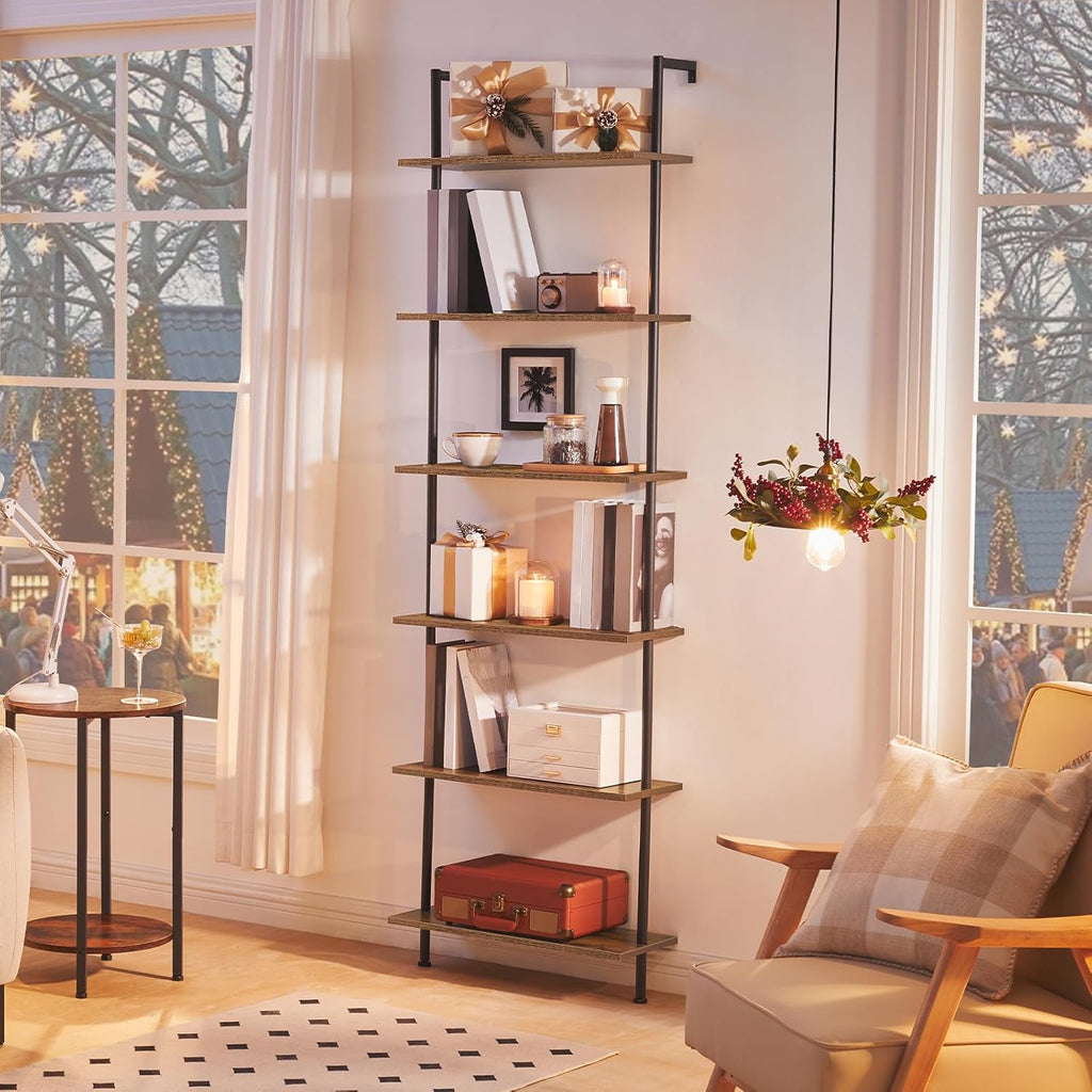 HOOBRO DIY Ladder Shelf, 6-Tier Wall Mounted Bookshelf, Office Vertical Bookcase, Wooden Storage Shelves for Home Office, Bedroom, Rustic Brown and Black BF65CJ01