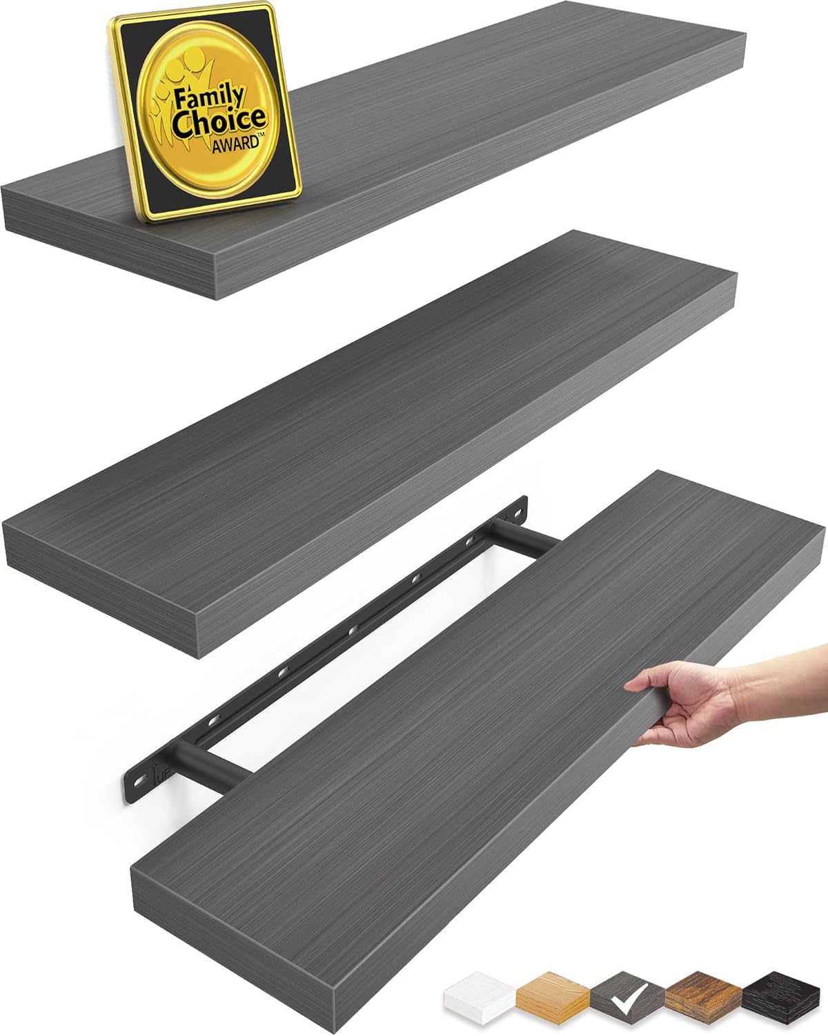 BAYKA Floating Shelves for Wall, 22.5 inches Wall Mounted Rustic Wood Shelves for Bathroom, Bedroom, Living Room, Floating Shelves for Books/Storage/Decor (Black,Set of 3)