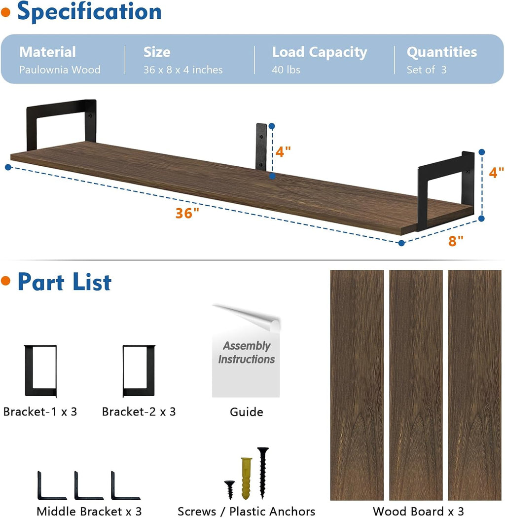 Floating Shelves for Wall 36 Inches Long 8 Inch Deep, Large Wall Book Shelves for Bedroom, Rustic Wood Hanging Bookshelf for Living Room Office Kitchen Closet Organizers and Storage - Set of 3