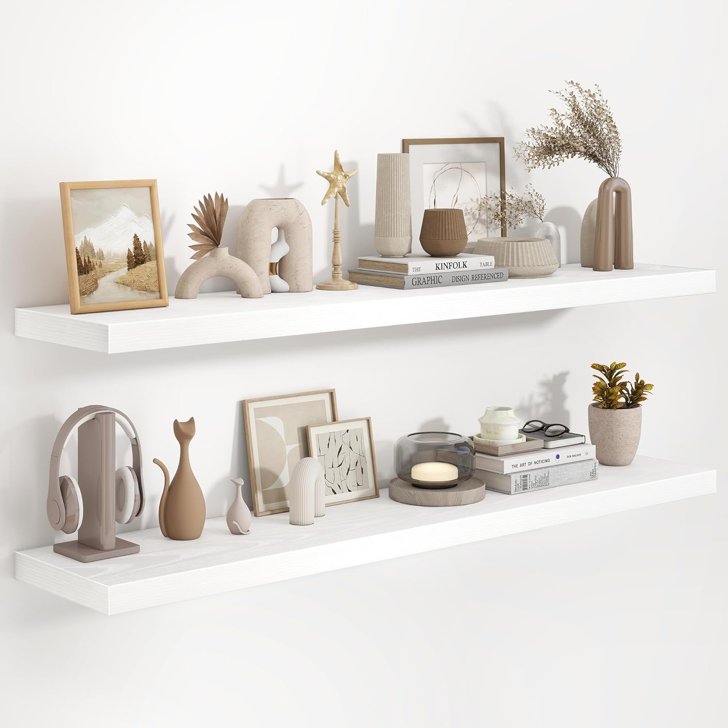 Fun Memories 48 Inch Floating Shelves in White, 9.3 Inch Deep Floating Shelf for Bathroom Living Room Kitchen, Rusitc Wall Mounted Bathroom Shelves 2 Pack, Heavy-Duty Deep Shelf for Books Decor