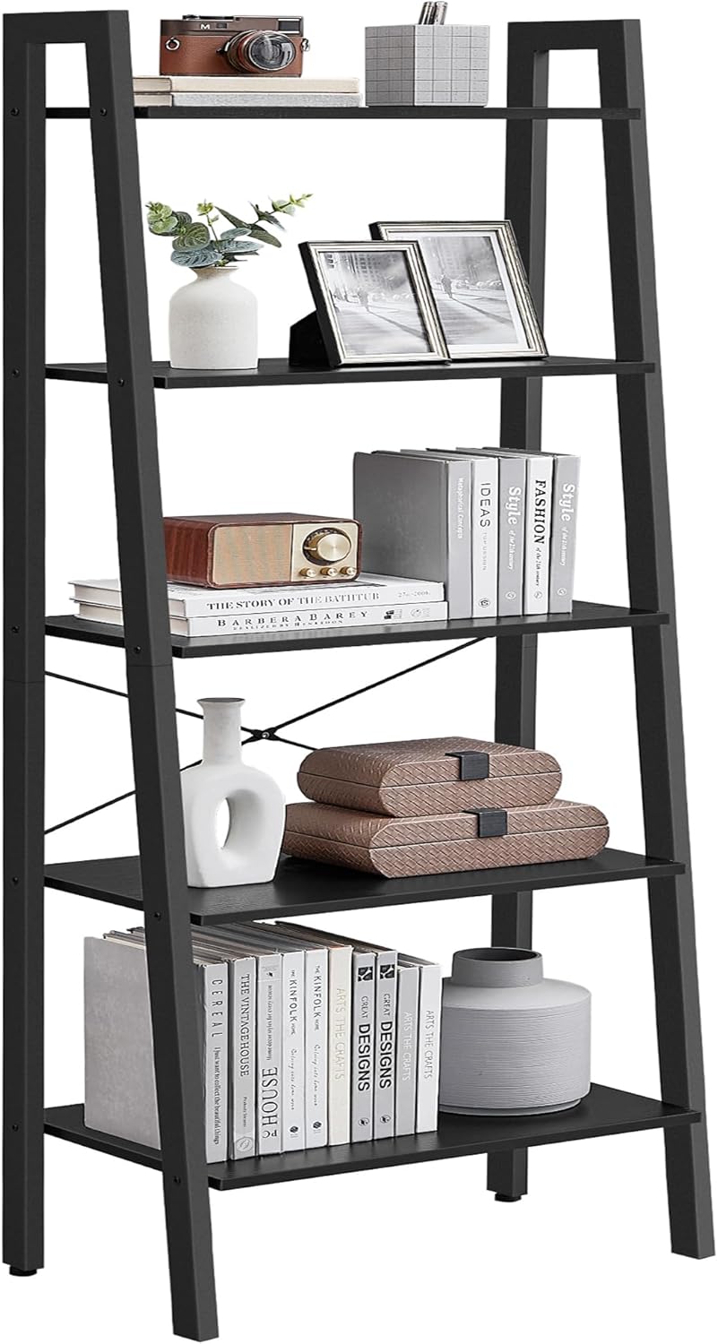 VASAGLE Ladder Shelf, 4-Tier Bookshelf, Storage Rack, Bookcase with Steel Frame, for Living Room, Home Office, Kitchen, Bedroom, Industrial Style, Rustic Brown and Ink Black ULLS44X