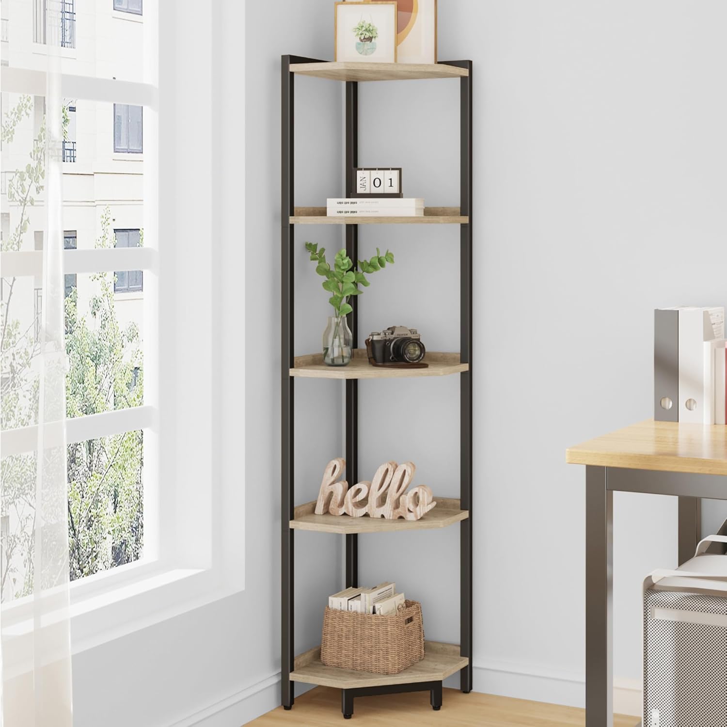 Corner Shelf Stand, Corner Bookshelf, Storage Standing Shelf Unit with Metal Frame, Plant Stand, Corner Bookcase for Living Room, Home Office, Bedroom, 6-Tier Rustic Brown CS06001B