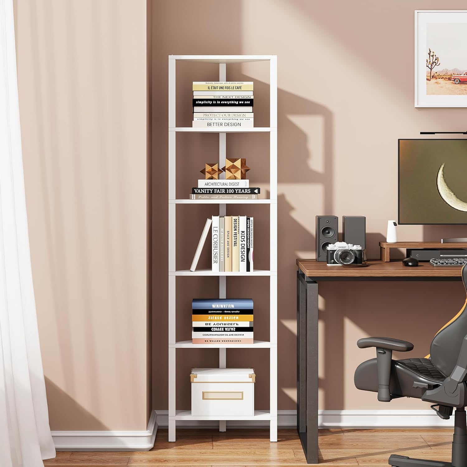 TUTOTAK 6-Tier Corner Bookshelf with LED Light,Corner Shelf for Small Space, Narrow Display Corner Shelf Stand with Storage Rack, for Living Room, Bedroom, Pure White V1BS05BW006L