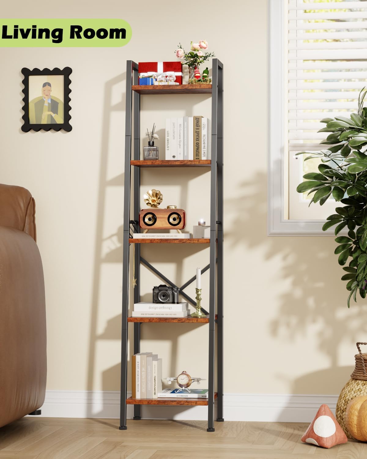 Furologee 5 Tier Ladder Shelf Bookcase, Tall Narrow Bookshelf with 2 Hooks, Rustic Brown Bathroom Corner Book Shelf, Metal Wood Book Case Standing Unit, Display Shelf for Living Room Office Kitchen