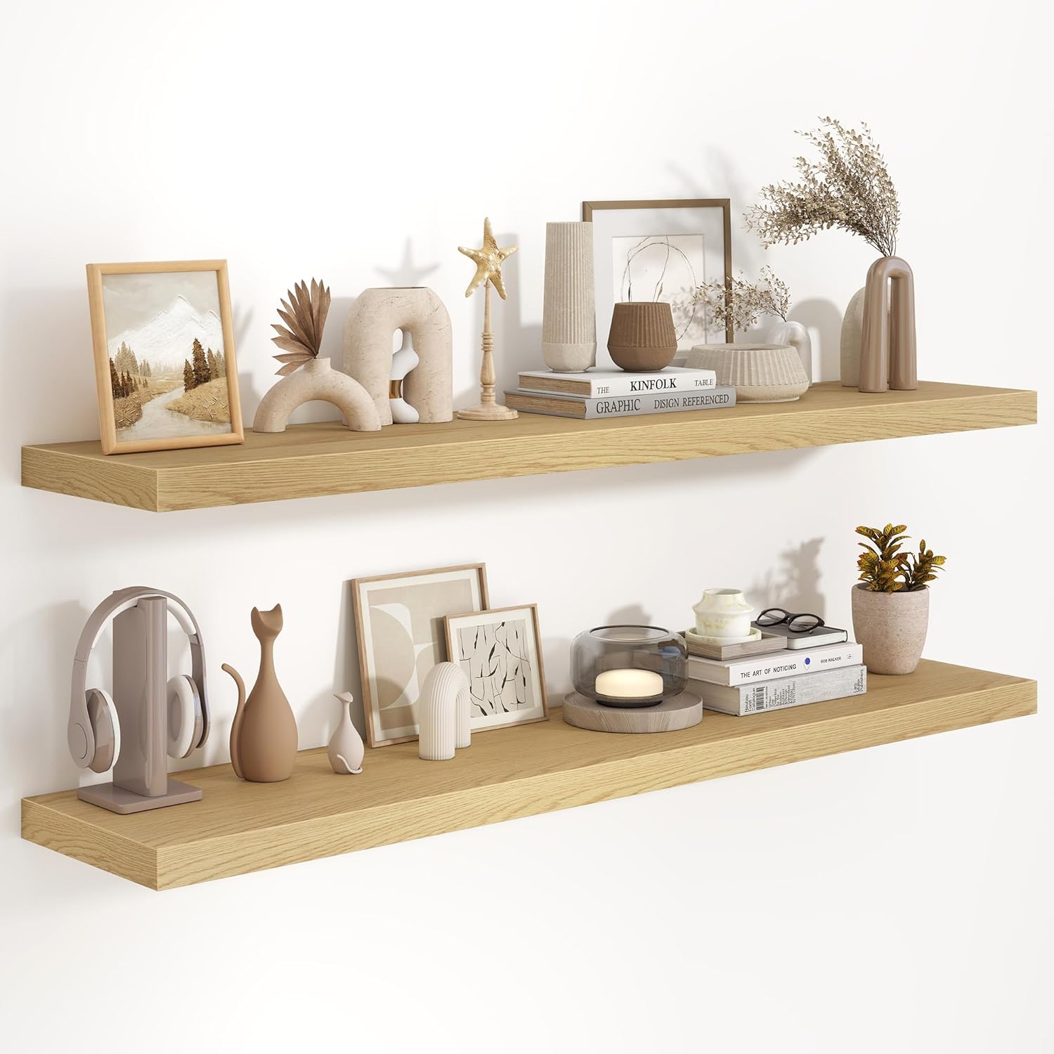 Fun Memories 48 Inch Floating Shelves in White, 9.3 Inch Deep Floating Shelf for Bathroom Living Room Kitchen, Rusitc Wall Mounted Bathroom Shelves 2 Pack, Heavy-Duty Deep Shelf for Books Decor