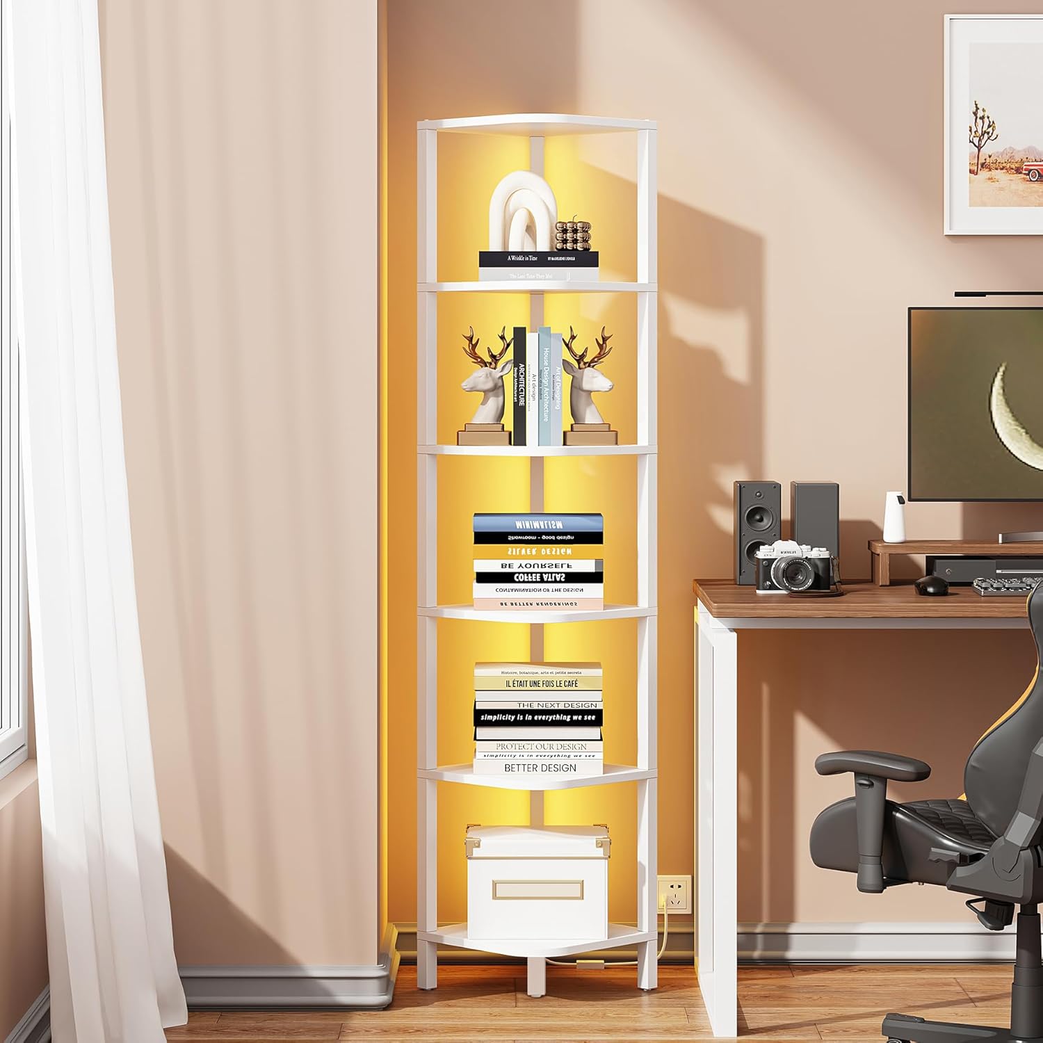 TUTOTAK 6-Tier Corner Bookshelf with LED Light,Corner Shelf for Small Space, Narrow Display Corner Shelf Stand with Storage Rack, for Living Room, Bedroom, Pure White V1BS05BW006L