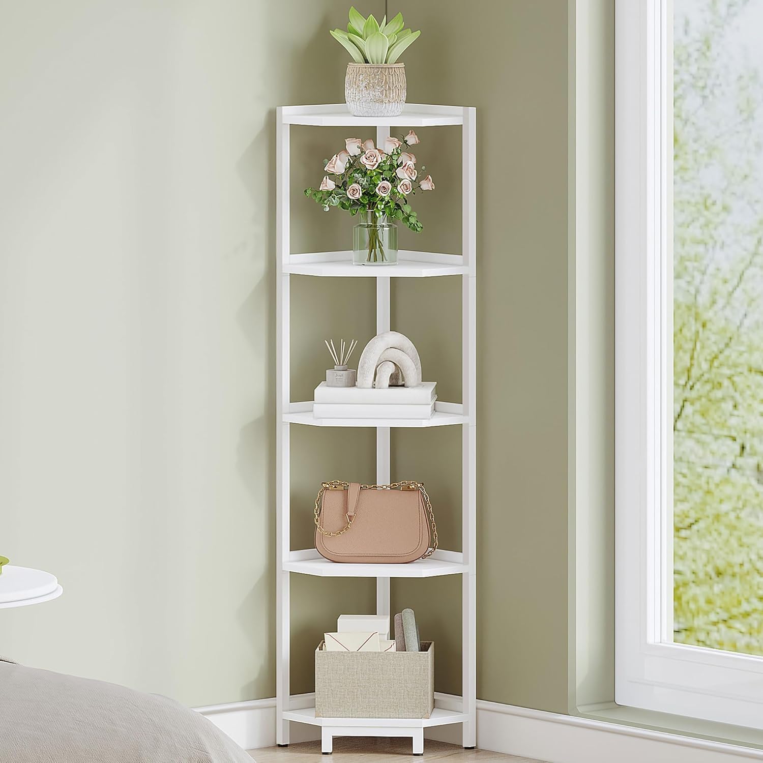 Corner Shelf Stand, Corner Bookshelf, Storage Standing Shelf Unit with Metal Frame, Plant Stand, Corner Bookcase for Living Room, Home Office, Bedroom, 6-Tier Rustic Brown CS06001B