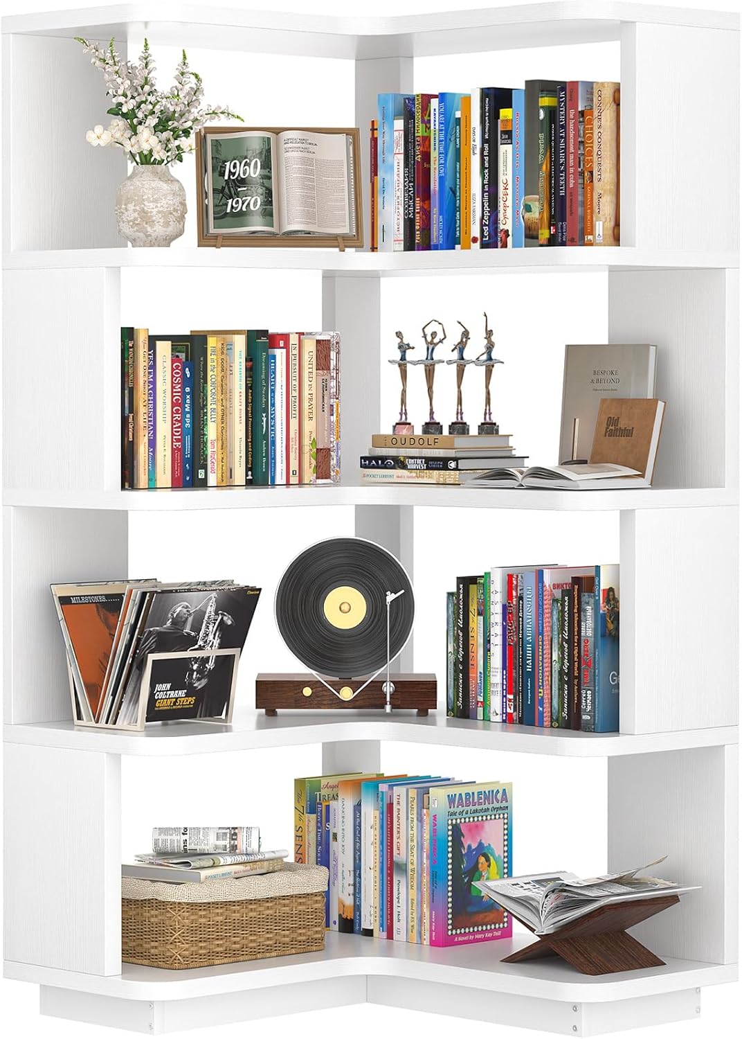 Armocity Corner Book Shelf - 6-Shelf Corner Bookshelf Etagere Bookcase with Baffle, Freestanding L Shaped Display Shelf Stand for Home Office, Living Room, Bedroom, Kitchen, White