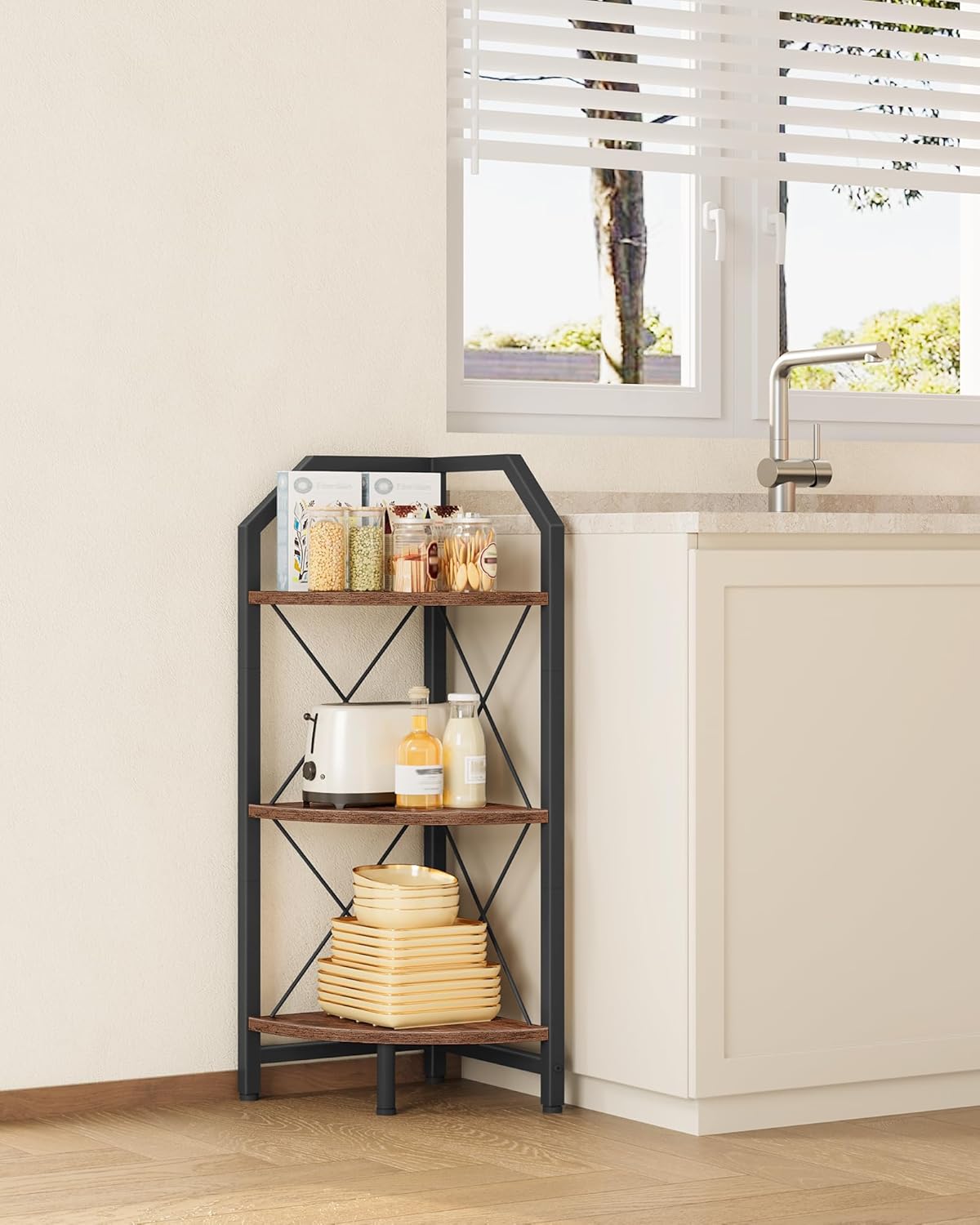 59.4" Corner Shelf, 5-Tier Industrial Corner Bookshelf, Corner Storage Stand, Plant Stand Display Shelf, Bookcase for Bedroom, Living Room, Home Office, Rustic Brown and Black TCJ10BF