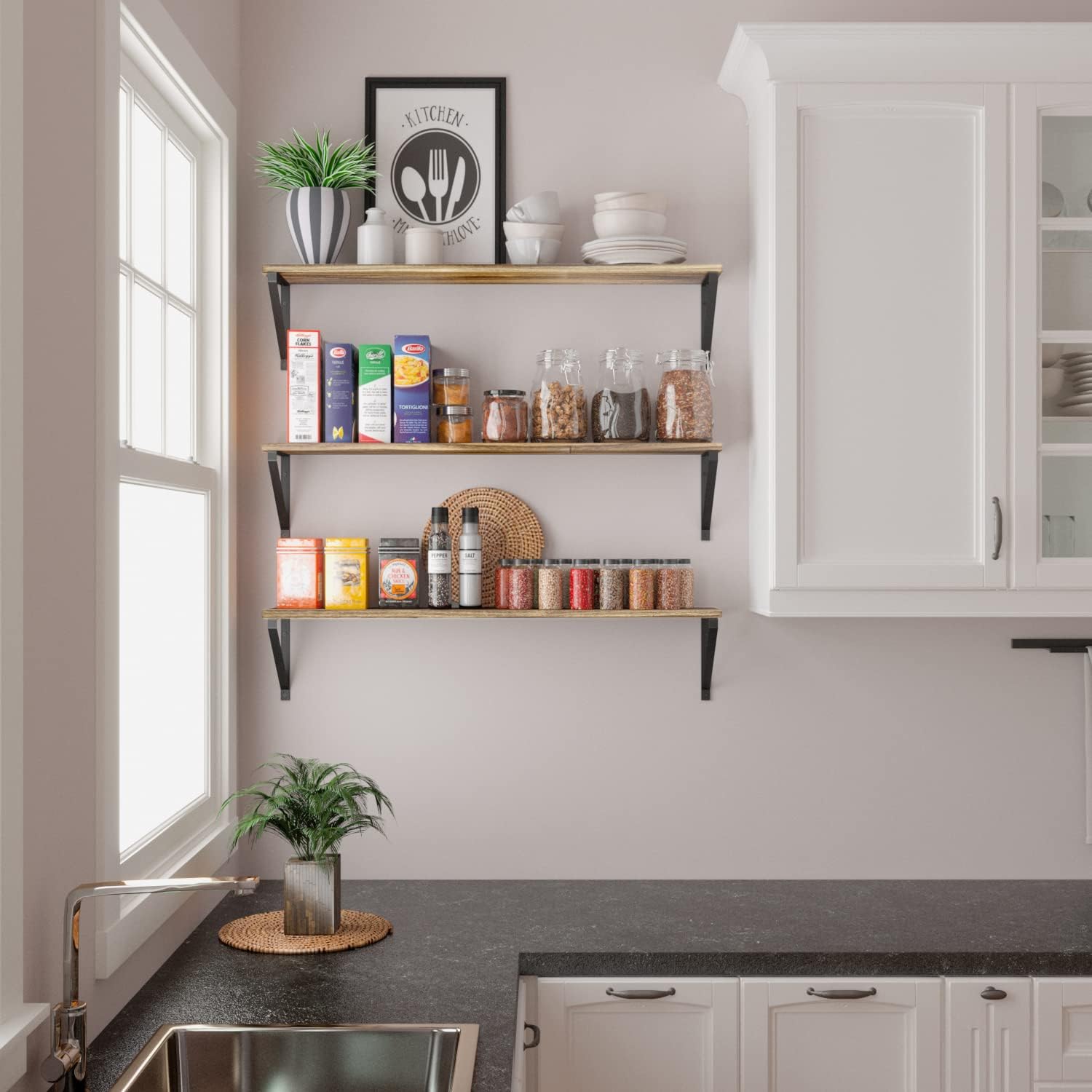 Wallniture Bora 36 Inch Large Floating Shelves for Wall Storage, Floating Bookshelf Set of 3, Burned Wood Wall Shelves for Books